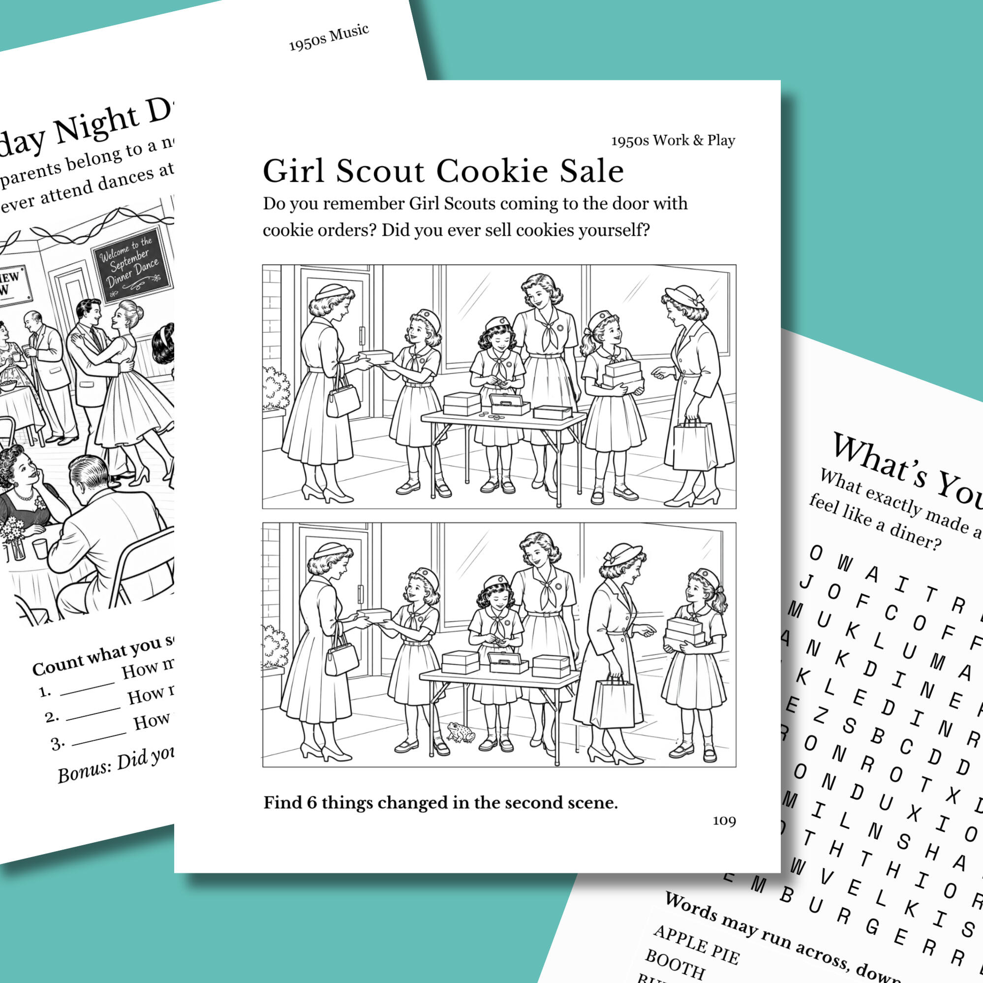 1940s work and play spot the difference activity page featuring girl scout cookies from Penny Candy Papers