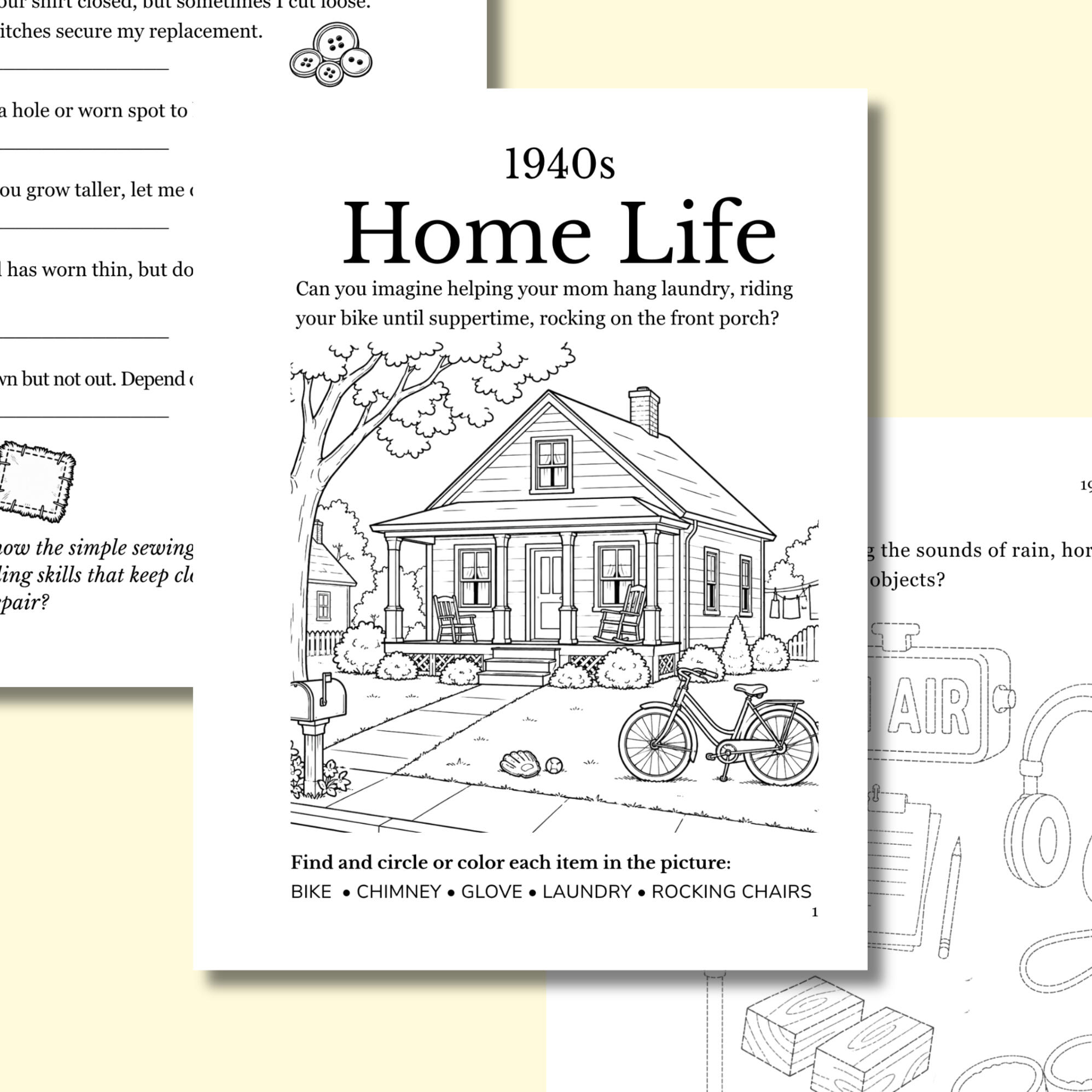1940s activity page sneak peek from Penny Candy Papers 1940s home life opening scene find the elements activity from Penny Candy Papers